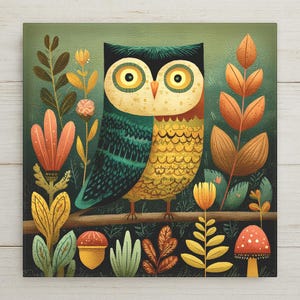 May include: A square wall art print featuring a stylized owl with large yellow eyes, a dark green head, and a yellow patterned chest. The owl is perched on a branch surrounded by colorful botanical elements, including orange flowers and a red mushroom.