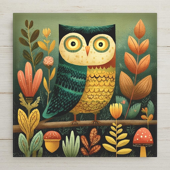 Cottagecore Owl Folk Art Ceramic Art Tile: Forest Nature Wall Decor Rustic Home Decor Owl Lover Gift Woodland Bird Art