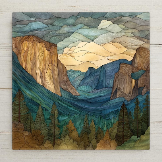Yosemite Tunnel View Ceramic Tile Wall Art - Stained Glass Style National Park Landscape Decor