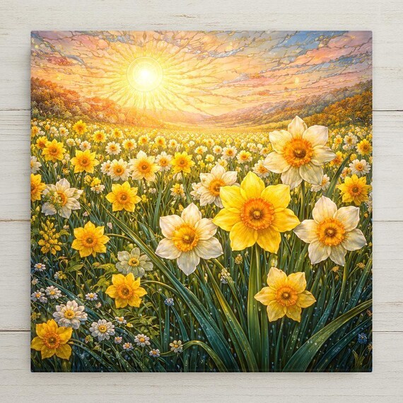 Daffodil Field Wall Art Ceramic Tile – Spring Floral Home Decor, Yellow Flower Landscape, Nature Artwork, Cottagecore Wall Decor
