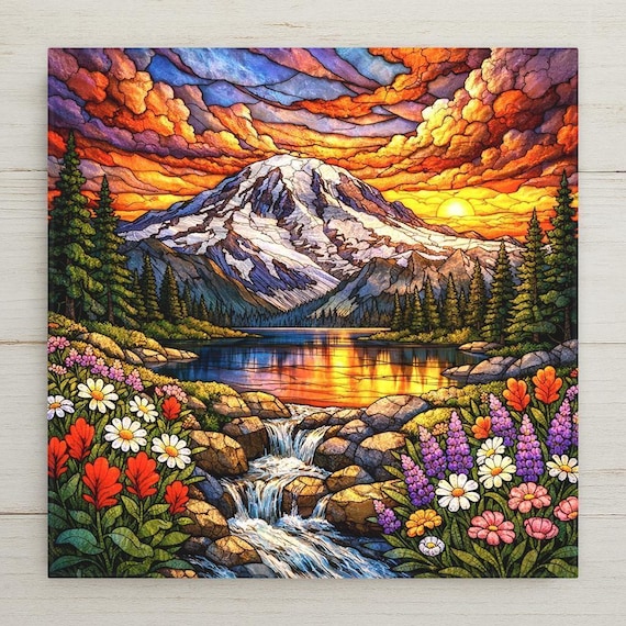 Mount Rainier Ceramic Tile Wall Art – Stained Glass Landscape, Washington Mountain Wall Decor, Nature Home Decor Gift
