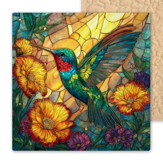 Hummingbird Ceramic Tile Art - Stained Glass Style Wall Decor - Colorful Sunlit Bird with Flowers for Nature and Garden Lovers