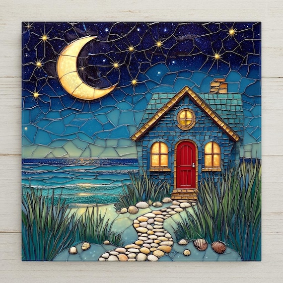 Moonlit Beach Cottage Tile: Coastal Stained Glass-Style Art
