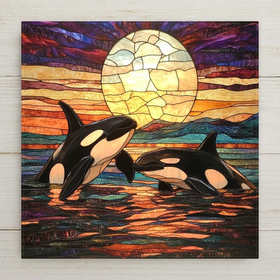 Orca Whale Ceramic Tile Art: Stained Glass Sunset Ocean Decor