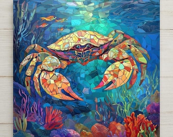 May include: A square wall art piece featuring a mosaic-style illustration of a crab in shades of orange, yellow, and red. The crab is centered against a deep blue and teal underwater background with coral, seaweed, and small orange fish.