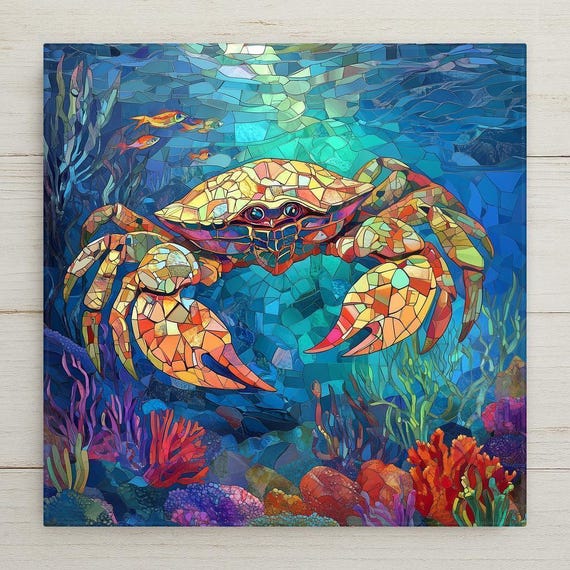 Crab Ceramic Tile Art: Coastal Stained Glass Look Decor