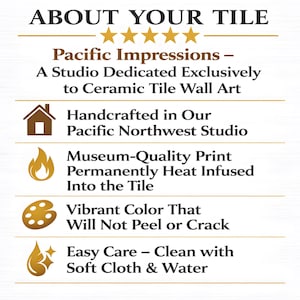 The image is a promotional poster for Pacific Impressions, a studio dedicated exclusively to ceramic tile wall art. It features five key points about the studio's offerings, including handmade ceramic tiles, a permanent heat-infused design, vibrant color, easy care, and the use of soft cloth and water for cleaning.