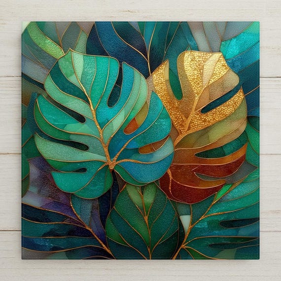 Monstera Leaf Wall Art Ceramic Tile Stained Glass Style Green Tropical Modern Home Botanical Decor Art