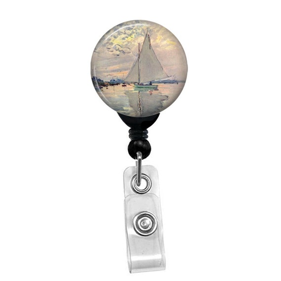 Monet Sailboat Badge Reel – Nautical Art ID Holder – Claude Monet Badge Clip – Retractable Badge Reel – Impressionist Art Lover Gift
