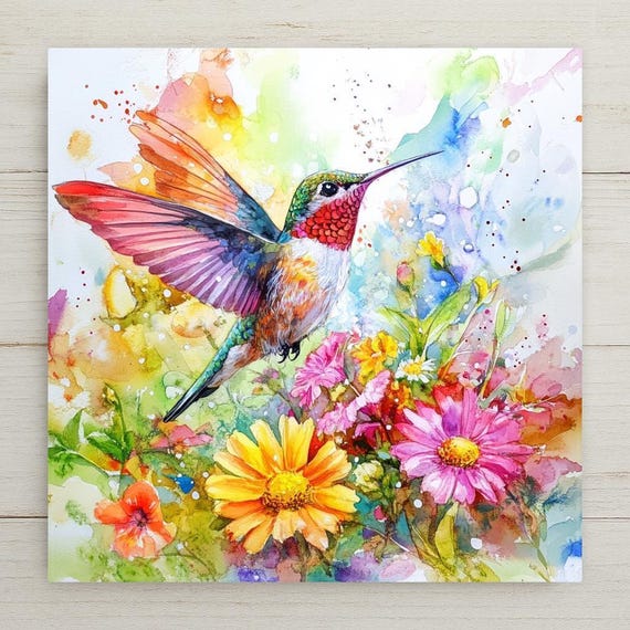 Vibrant Watercolor Hummingbird Ceramic Tile: Nature-Inspired Wall Art for Home Decor