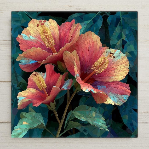 Hibiscus Wall Art Ceramic Tile Stained Glass Style Tropical Gift Floral Decor Hawaiian Nature Art Botanical Gift