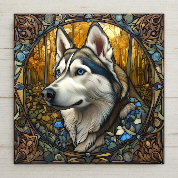 Siberian Husky Art Tile: Alphonse Mucha Inspired Ceramic Decor