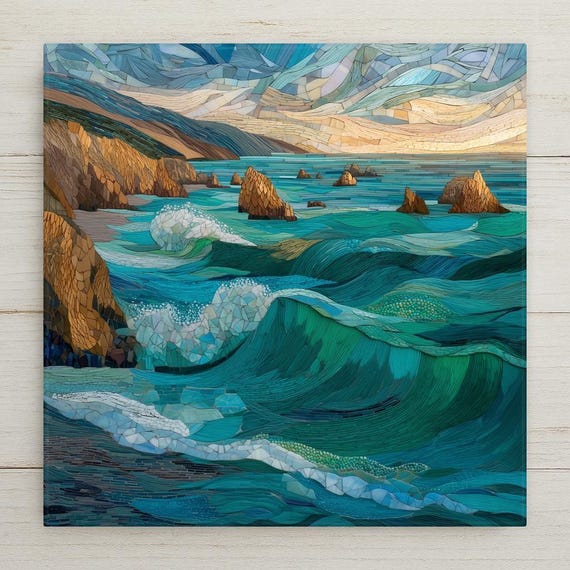 Big Sur Ocean Mosaic Wall Art - Stained Glass Style Coastal Waves Ceramic Tile California Beach Cottage Decor Gift