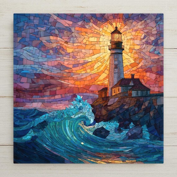 Lighthouse Ceramic Tile Wall Art – Stained Glass Style Coastal Sunset Home Decor, Nautical Gift, Vibrant Ocean Wave Wall Decor