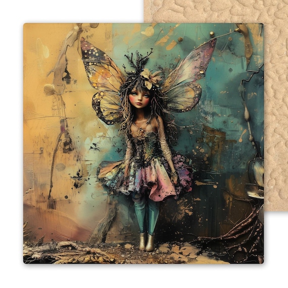 Enchanting Coquette Fairy Ceramic Tile Art - Whimsical Fantasy Wall Decor with Butterfly Wings