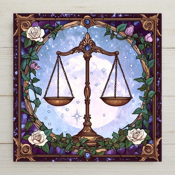 Libra Zodiac Ceramic Tile: Art Nouveau Stained Glass Style Astrology Decor