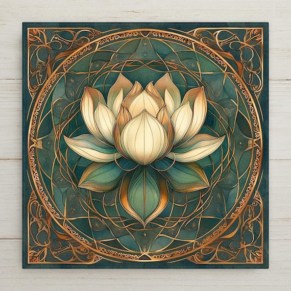 Art Nouveau Lotus Flower Tile: Teal & Gold Mandala Ceramic Wall Decor