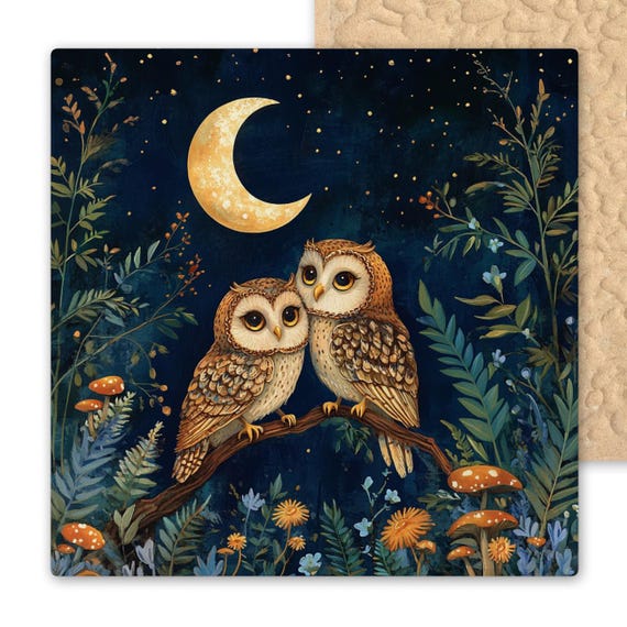 Rustic Woodland Ceramic Tile Art: Crescent Moon Owls Wall Decor, Nature-Inspired Folk Gift