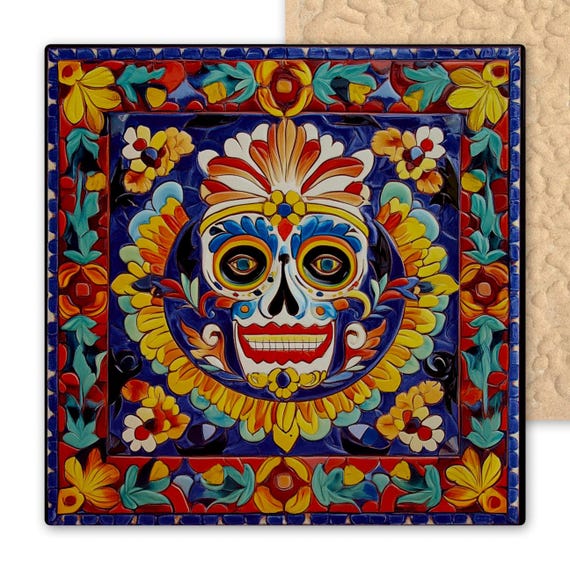 Vibrant Mexican Talavera Ceramic Skull Tile - Day of the Dead Wall Art for Southwest Home Decor