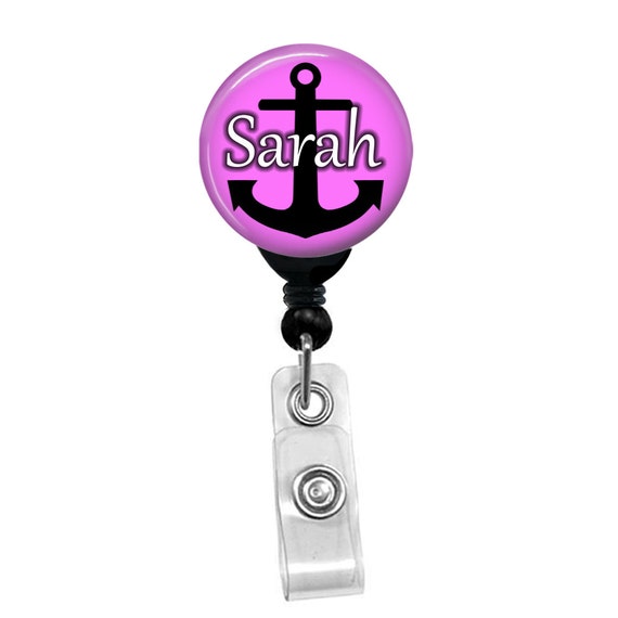 Personalized Anchor Badge Reel Custom Name ID Badge Holder - Pink Background