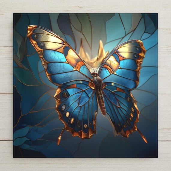 Blue Butterfly Wall Art Ceramic Tile – Stained Glass Butterfly Decor – Teal Nature Wall Decor – Botanical Home Decor Gift