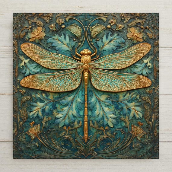 Art Nouveau Dragonfly Ceramic Tile Wall Decor - Teal Gold Nature Botanical Insect Design Home Gift