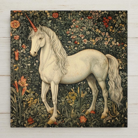 Art Nouveau Unicorn Ceramic Tile: William Morris Style Wall Decor