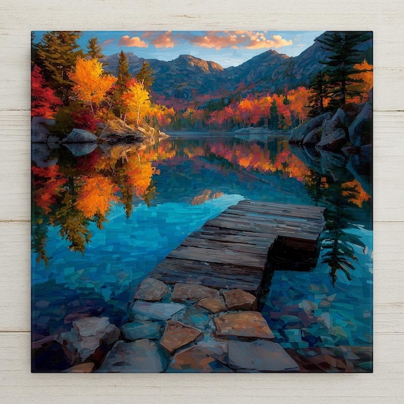 Adirondacks Wall Art Ceramic Tile Stained Glass Style New York Gift Mountain Lake Decor Place Identity