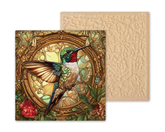 Art Nouveau Hummingbird Tile: Mucha-Inspired Stained Glass Floral Trivet & Wall Decor