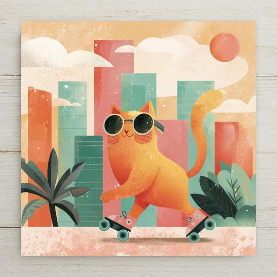 Roller Skating Cat Wall Art Ceramic Tile Cat Lover Gift Retro Cat Decor Fun Cat Tile Art