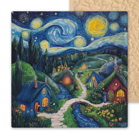 Hobbit Village Wall Art Ceramic Tile - Van Gogh Inspired Starry Night Whimsical Home Decor
