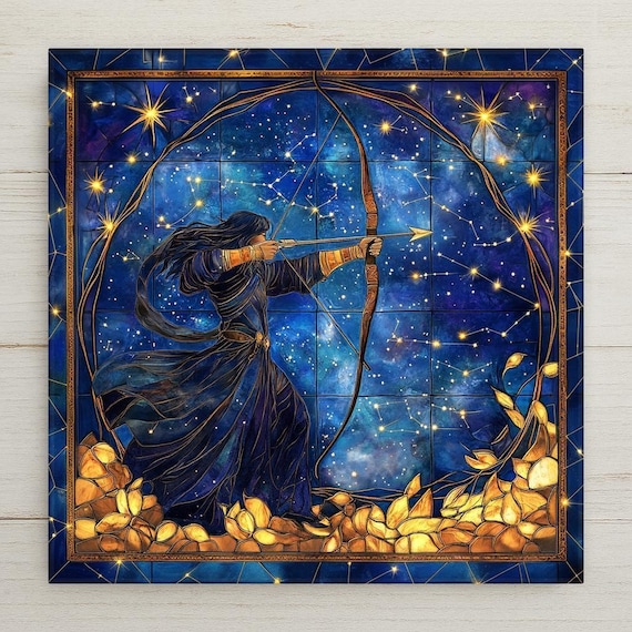 Handcrafted Sagittarius Zodiac Ceramic Tile Wall Art - Stained Glass Inspired Astrology Home Decor