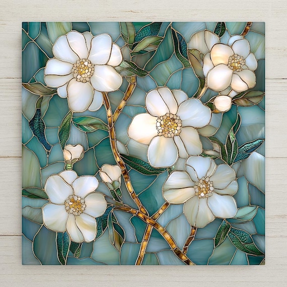 Art Nouveau Cherry Blossom Tile: Teal Floral Ceramic Wall Art