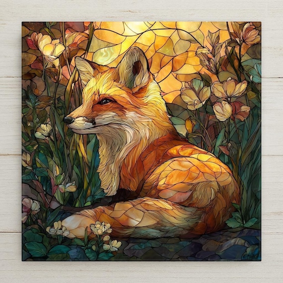 Stained Glass Fox Ceramic Tile Wall Art - Woodland Forest Animal Home Decor Nature Artwork Rustic Gift