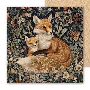 Art Nouveau William Morris Inspired Woodland Fox Lovers Ceramic Tile Wall Decor Vintage Art Style Fox And Baby Pup Kit Cub Butterfly Trivet