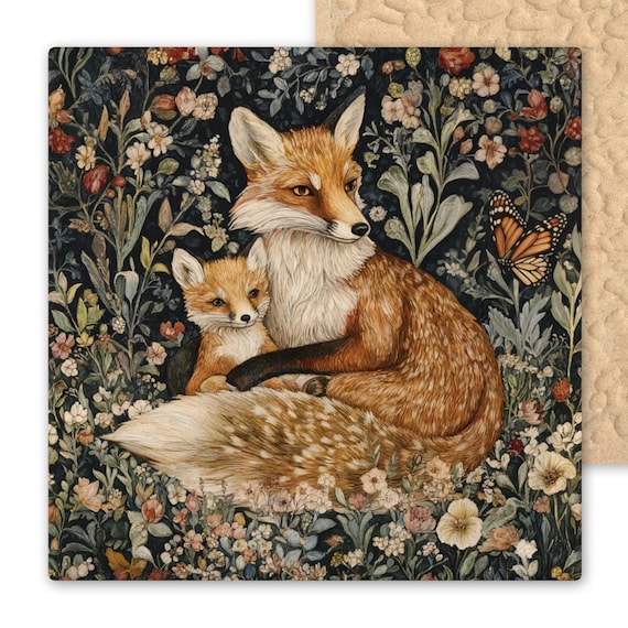Art Nouveau William Morris Inspired Woodland Fox Lovers Ceramic Tile Wall Decor Vintage Art Style Fox And Baby Pup Kit Cub Butterfly Trivet