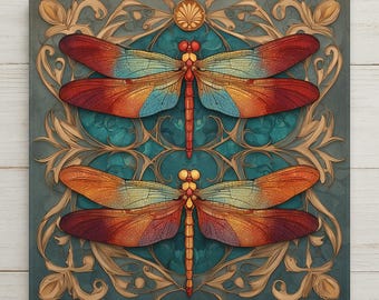 Dragonfly Pair Ceramic Art Tile: Art Deco Vintage Bronze Wall Decor Anniversary Gift Art Nouveau Gallery Home Decor Couples
