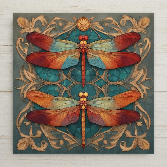 Dragonfly Pair Ceramic Art Tile: Art Deco Vintage Bronze Wall Decor Anniversary Gift Art Nouveau Gallery Home Decor Couples