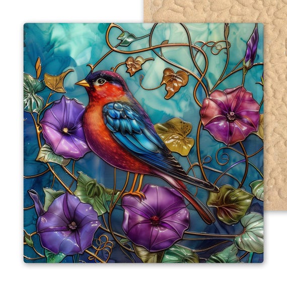 Stained Glass Style Red Robin Ceramic Tile - Nature-Inspired Wall Art with Morning Glories and Teal Background