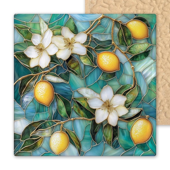 Botanical Lemon Tile – Floral Stained Glass Style Wall Art with White Blossoms and Gold Detail - 2 Of 2