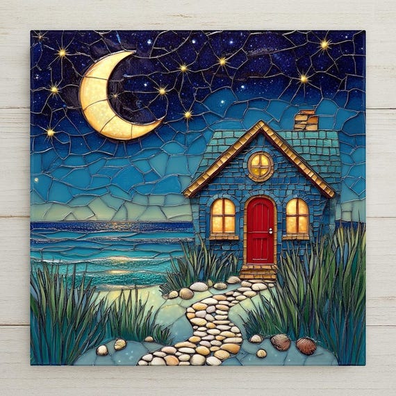 Moonlit Beach Cottage Tile: Coastal Stained Glass-Style Art