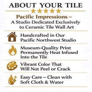 The image is a promotional poster for Pacific Impressions, a studio dedicated exclusively to ceramic tile wall art. It features five key points about the studio's offerings, including handmade ceramic tiles, a permanent heat-infused design, vibrant color, easy care, and the use of soft cloth and water for cleaning.