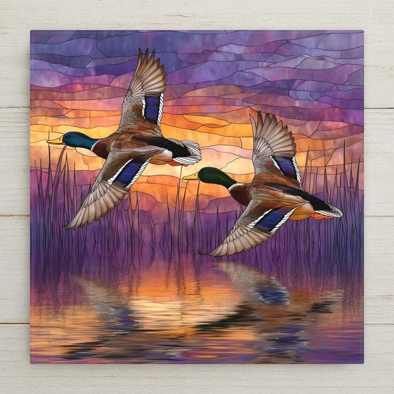 Mallard Ducks Ceramic Tile Wall Art – Stained Glass Style Waterfowl Decor, Lake Cabin Wall Decor, Sunrise Nature Home Decor Gift