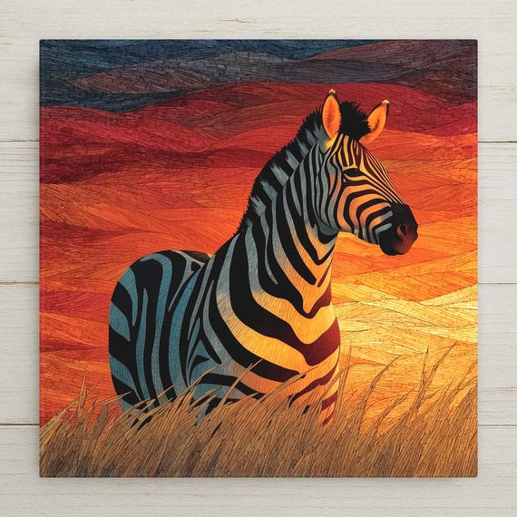 Zebra Savanna Wall Art Ceramic Tile Stained Glass Style Safari Gift African Wildlife Nature Decor Art