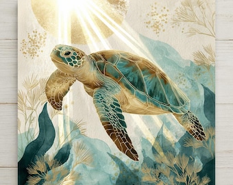 Azulejo de cerámica con diseño de tortuga marina en acuarela: decoración de pared costera para casa de playa, decoración de pared para el hogar con temática oceánica.