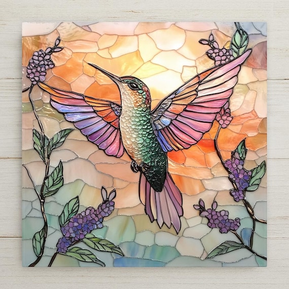 Vibrant Hummingbird Ceramic Tile: Stained Glass-Inspired Wall Art, Handmade Nature Decor, Bird Lover Gift