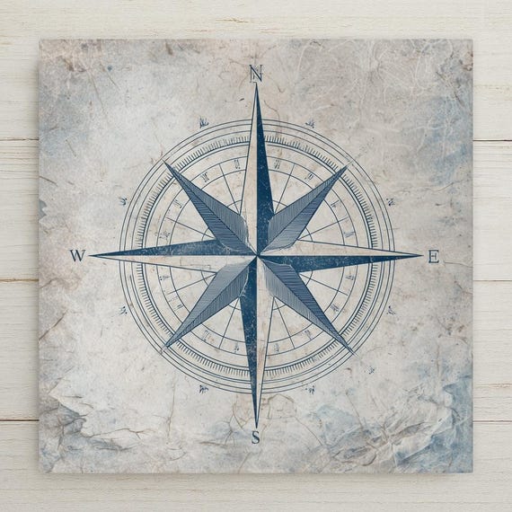 Vintage Maritime Compass Rose Ceramic Tile - Coastal Beach House Nautical Wall Art Decor