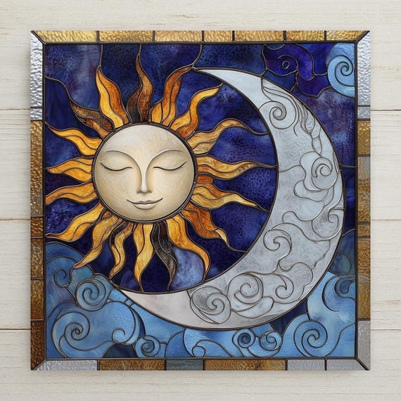 Celestial Sun and Moon Ceramic Tile Art: Stained Glass Style Decor