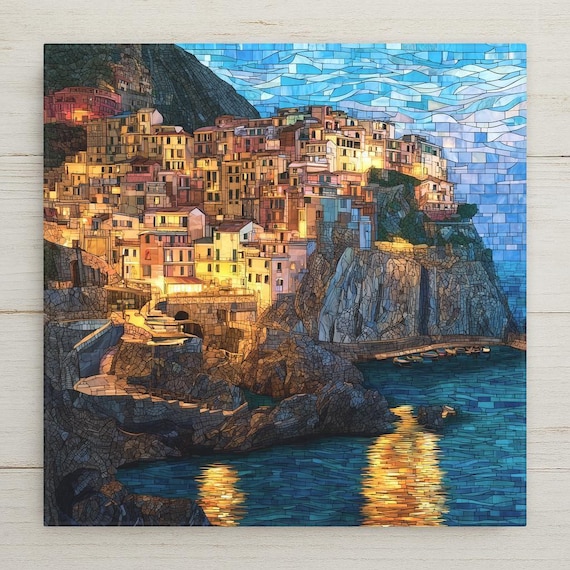 Manarola Cinque Terre Ceramic Tile Wall Art - Italian Coastal Village Sunset Mediterranean Home Decor