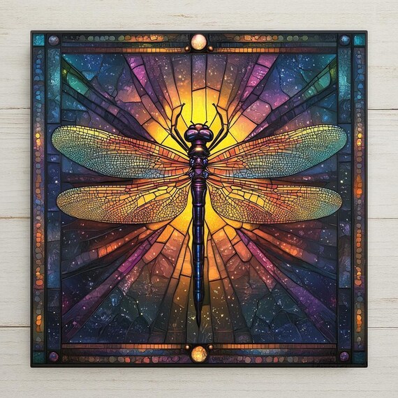 Art Nouveau Dragonfly Tile: Stained Glass Galaxy Ceramic Wall Art